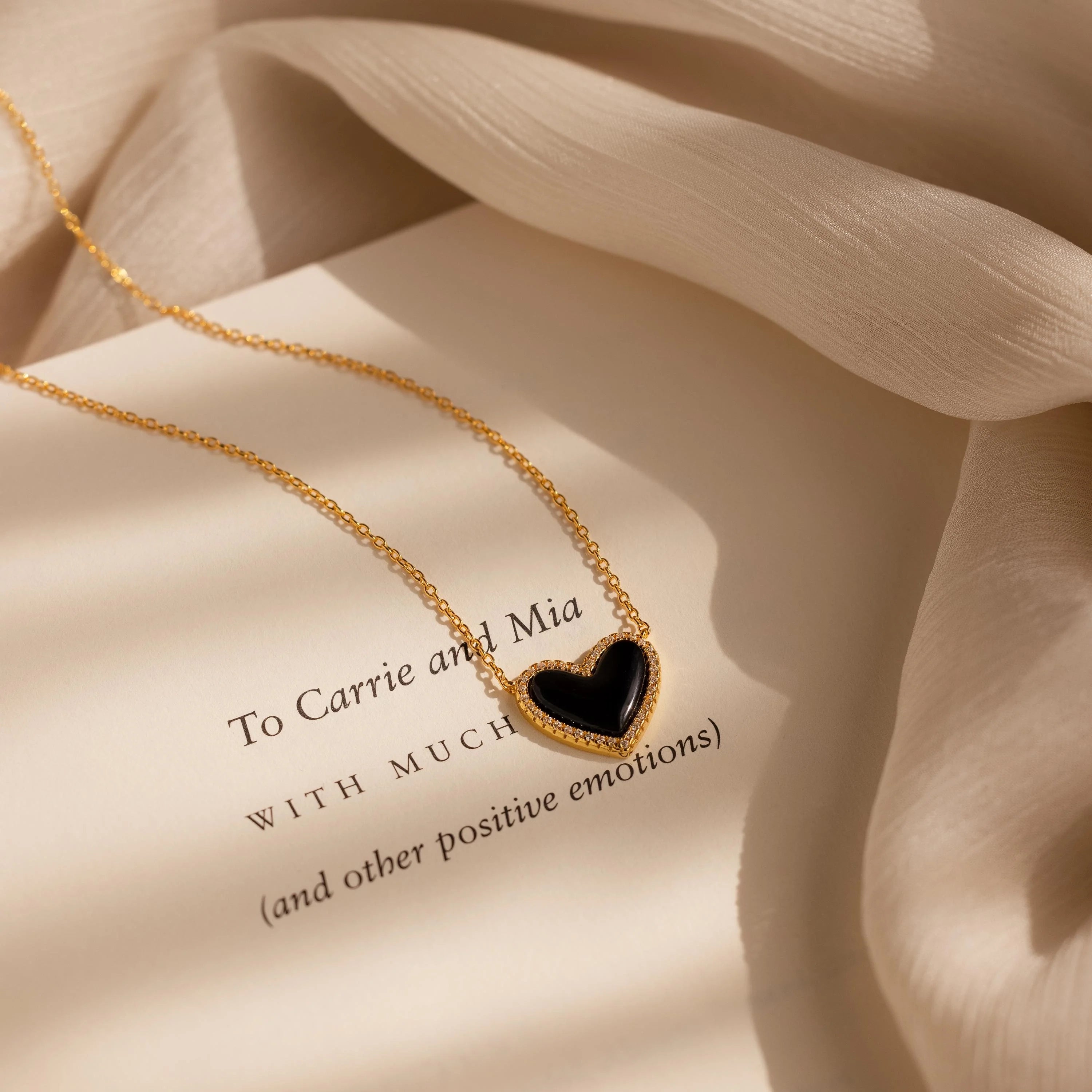 Diamond Onyx Puff Heart Necklace Silver 18K Gold Plated