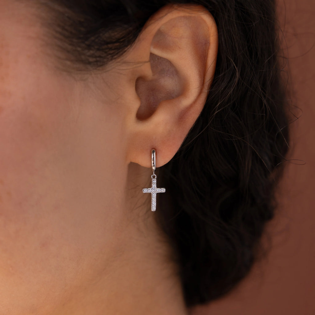 Diamond Cross Hoops Silver 18K Gold Plated