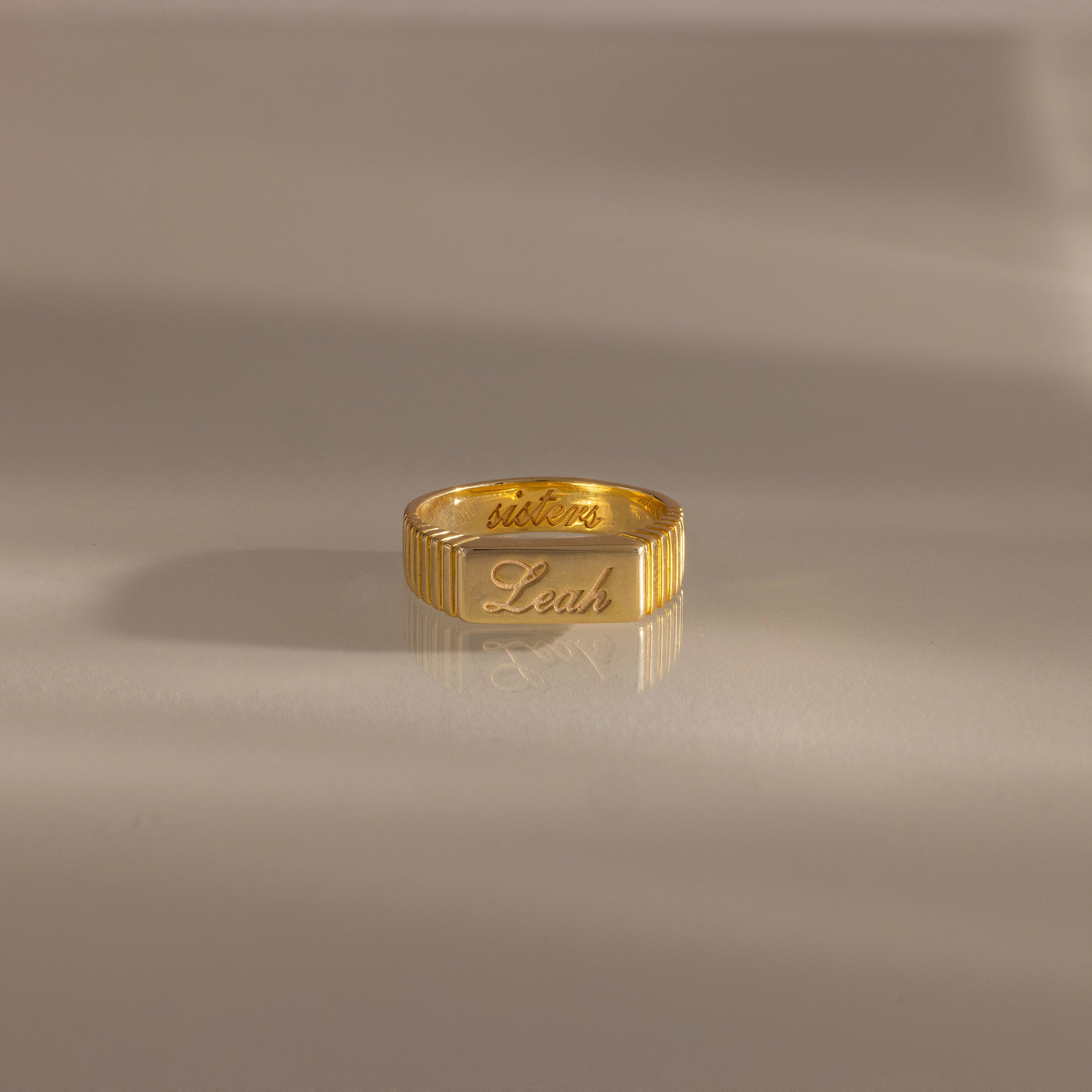 Ribbed Name Signet Ring Silver 18K Gold Plated