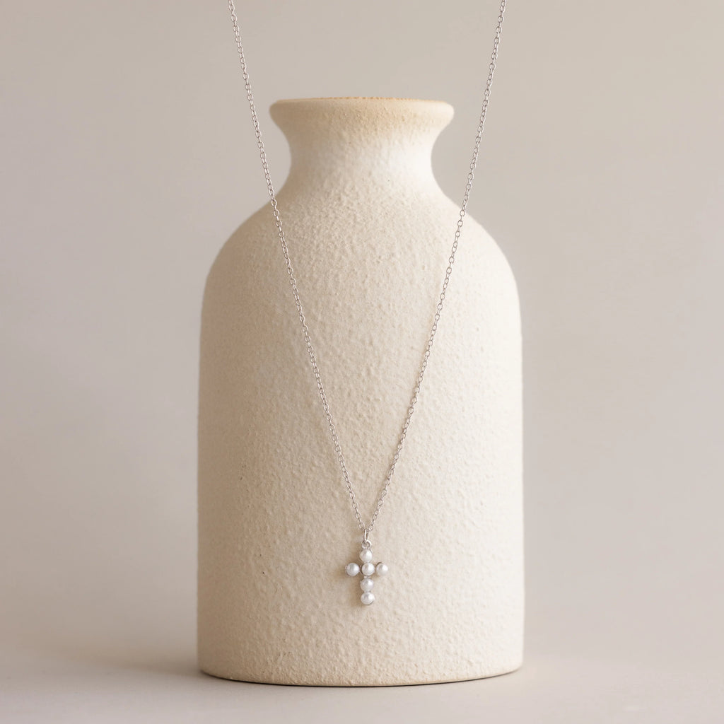 Pearl Cross Pendant  Necklace Silver 18K Gold Plated