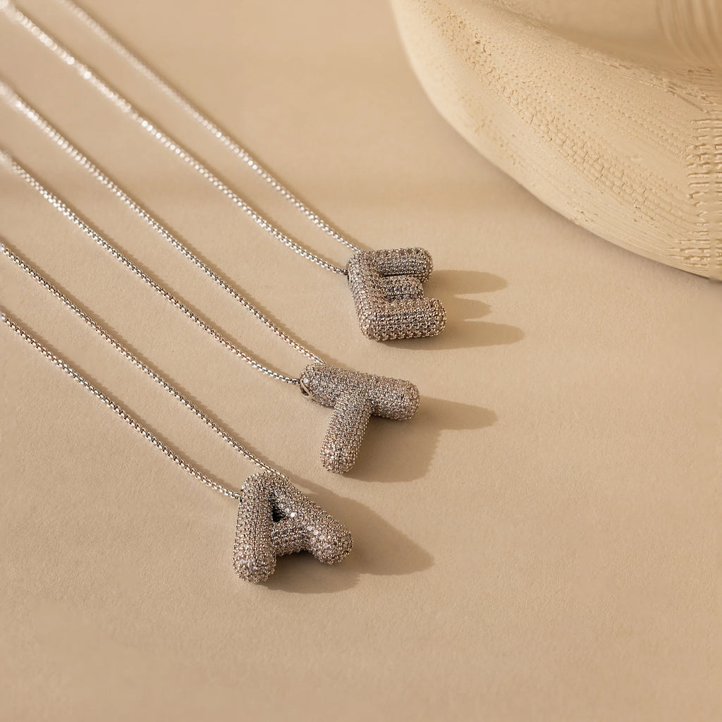 Diamond Pave Puff Letter Necklace Silver 18K Gold Plated