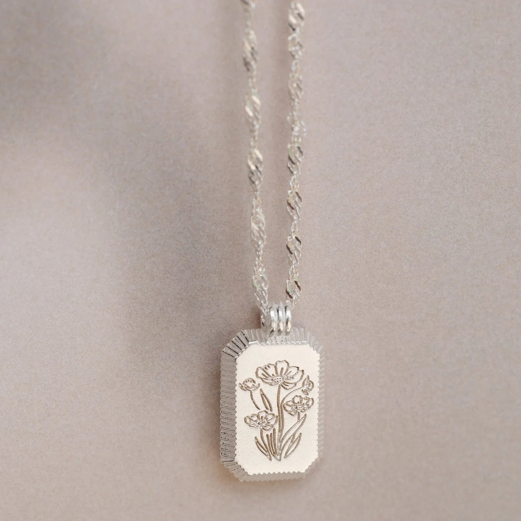 Ribbed Birth Flower Tag Necklace Silver 18K Gold Plated