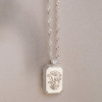 Ribbed Birth Flower Tag Necklace Silver 18K Gold Plated