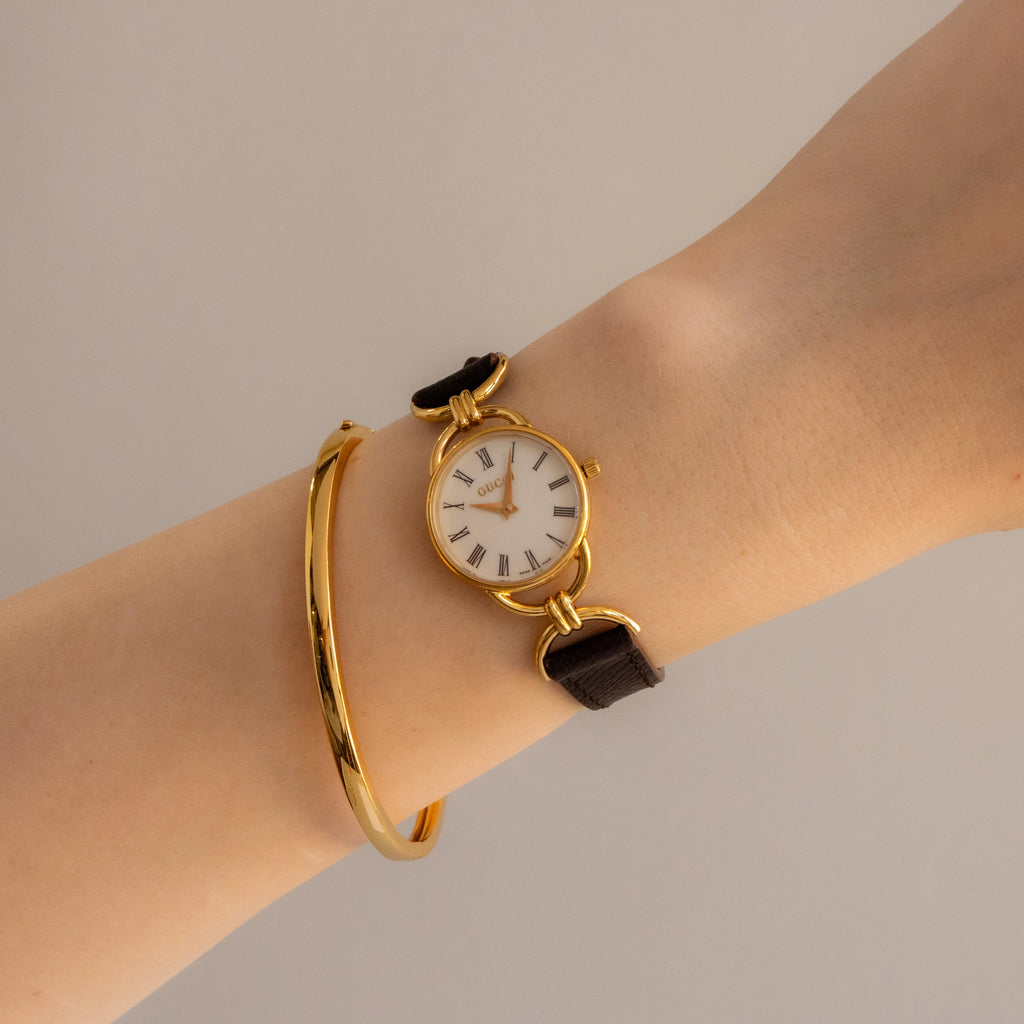 Vintage Gucci Swiss Roman Brown Strap Gold Watch