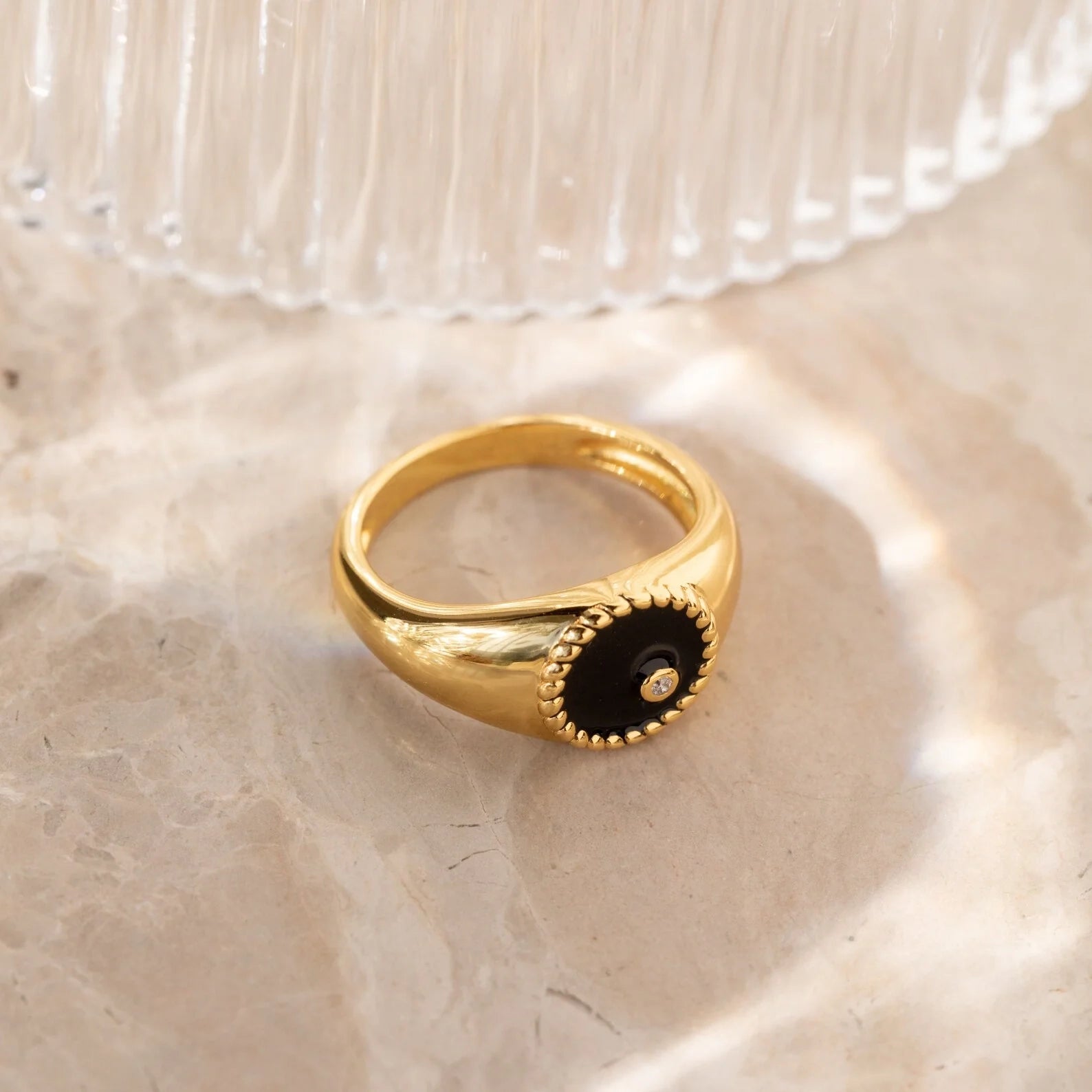 Black Enamel Signet Ring Silver 18K Gold Plated