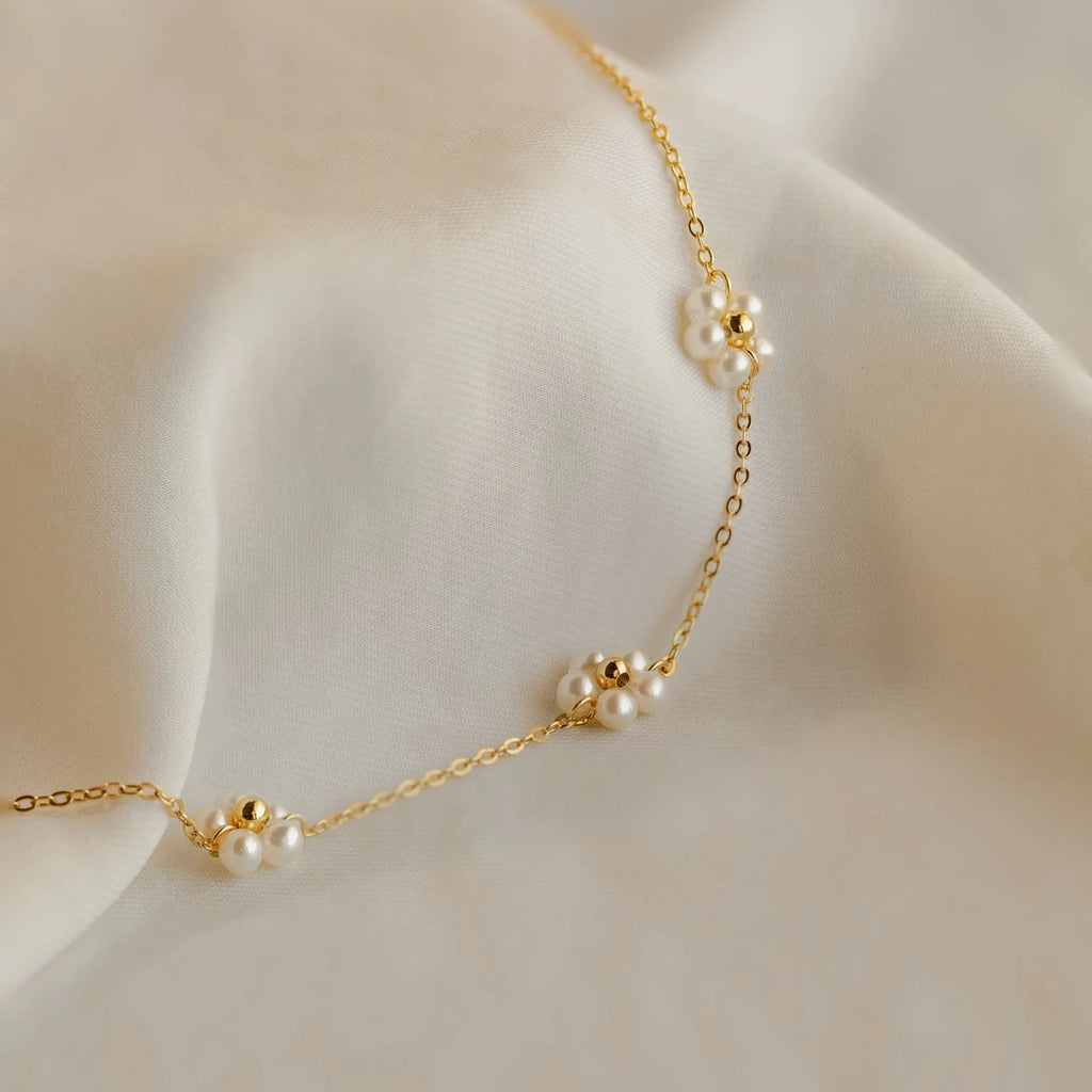 Beaded Pearl Flowers Station Necklace Silver 18K Gold Plated