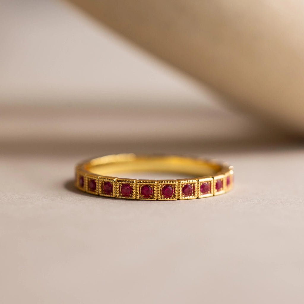 Art Deco Ruby Eternity Ring Silver 18K Gold Plated