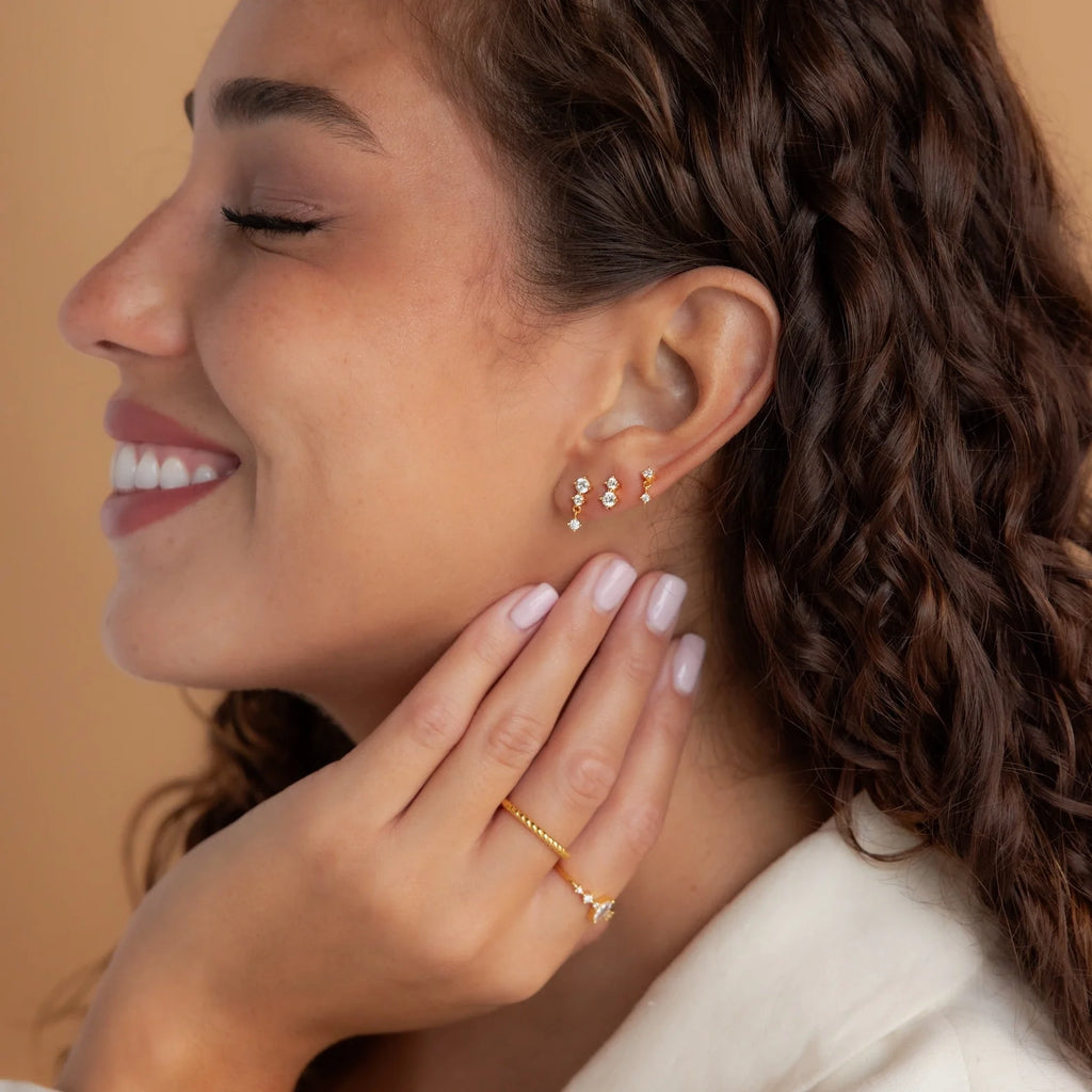 Triple Diamond Studs Set Silver 18K Gold Plated