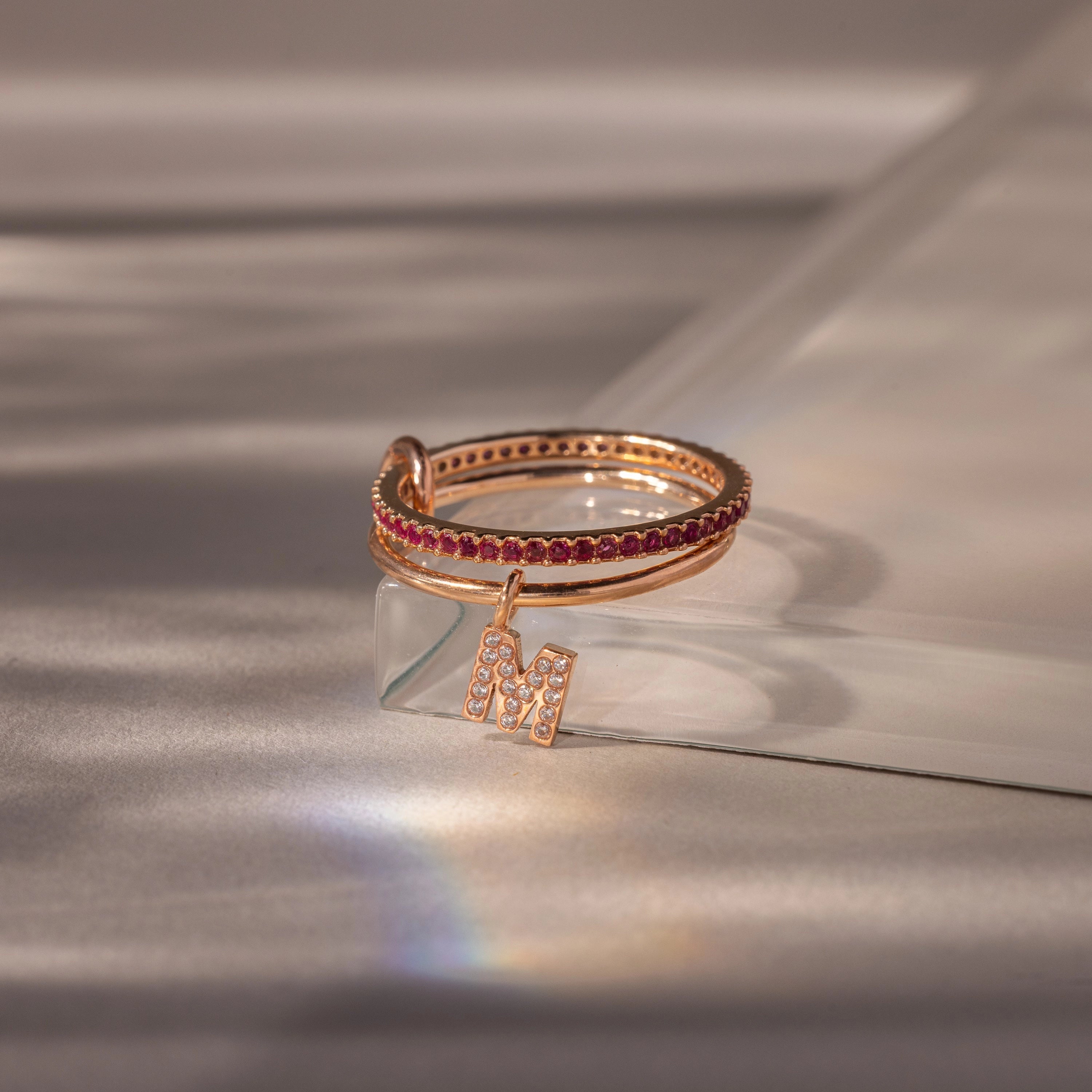 Initial Ruby Linked Ring Set Silver 18K Gold Plated