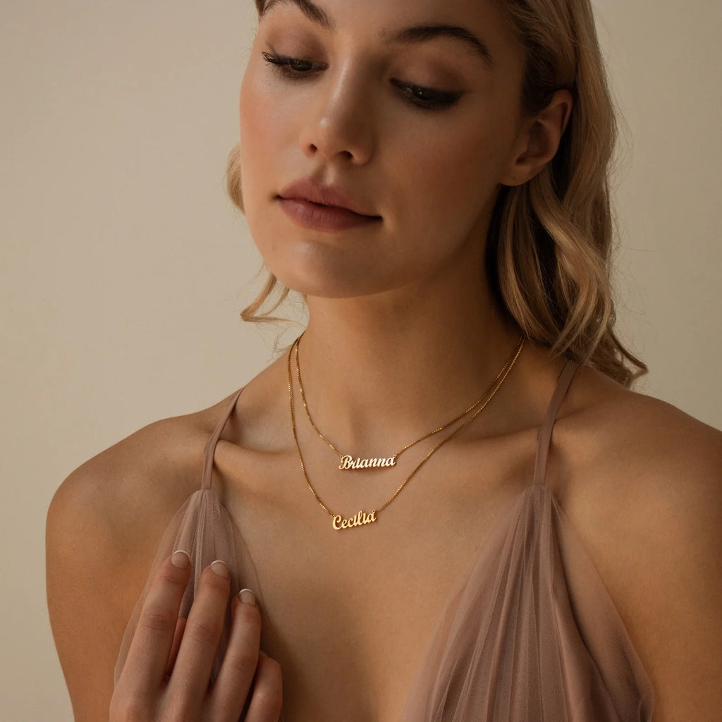 London Double Name Necklace in Box Chain Silver 18K Gold Plated
