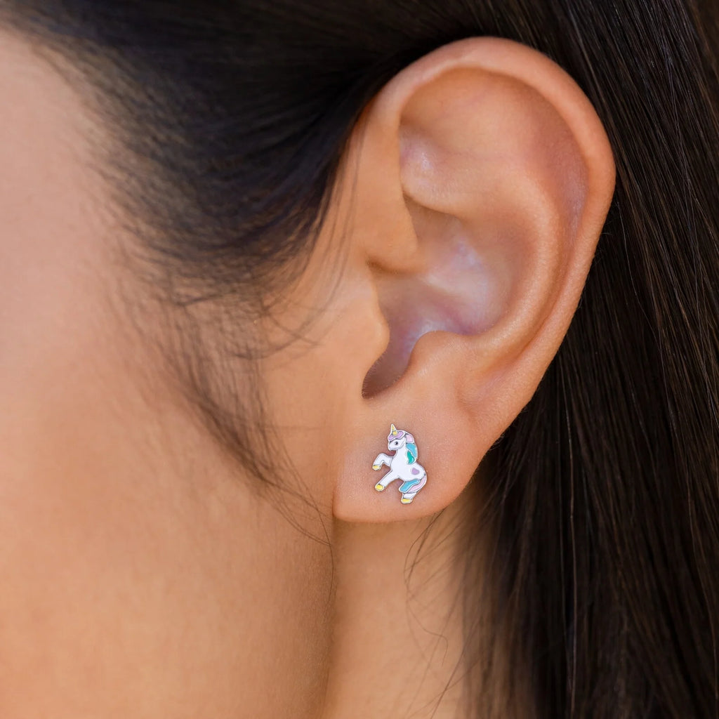 Unicorn Enamel Covered Studs Silver 18K Gold Plated