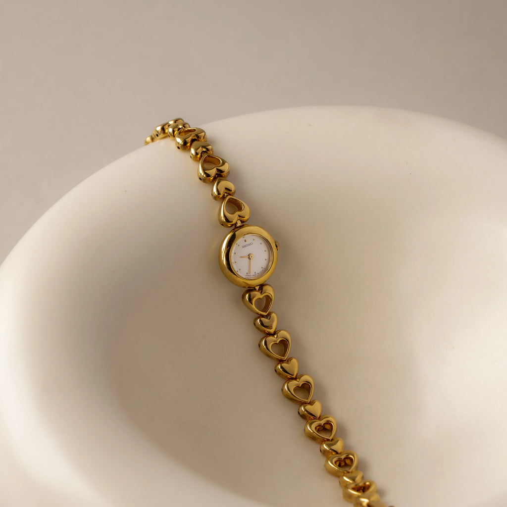 Vintage Seiko Dainty Hearts Gold Watch Silver 18K Gold Plated