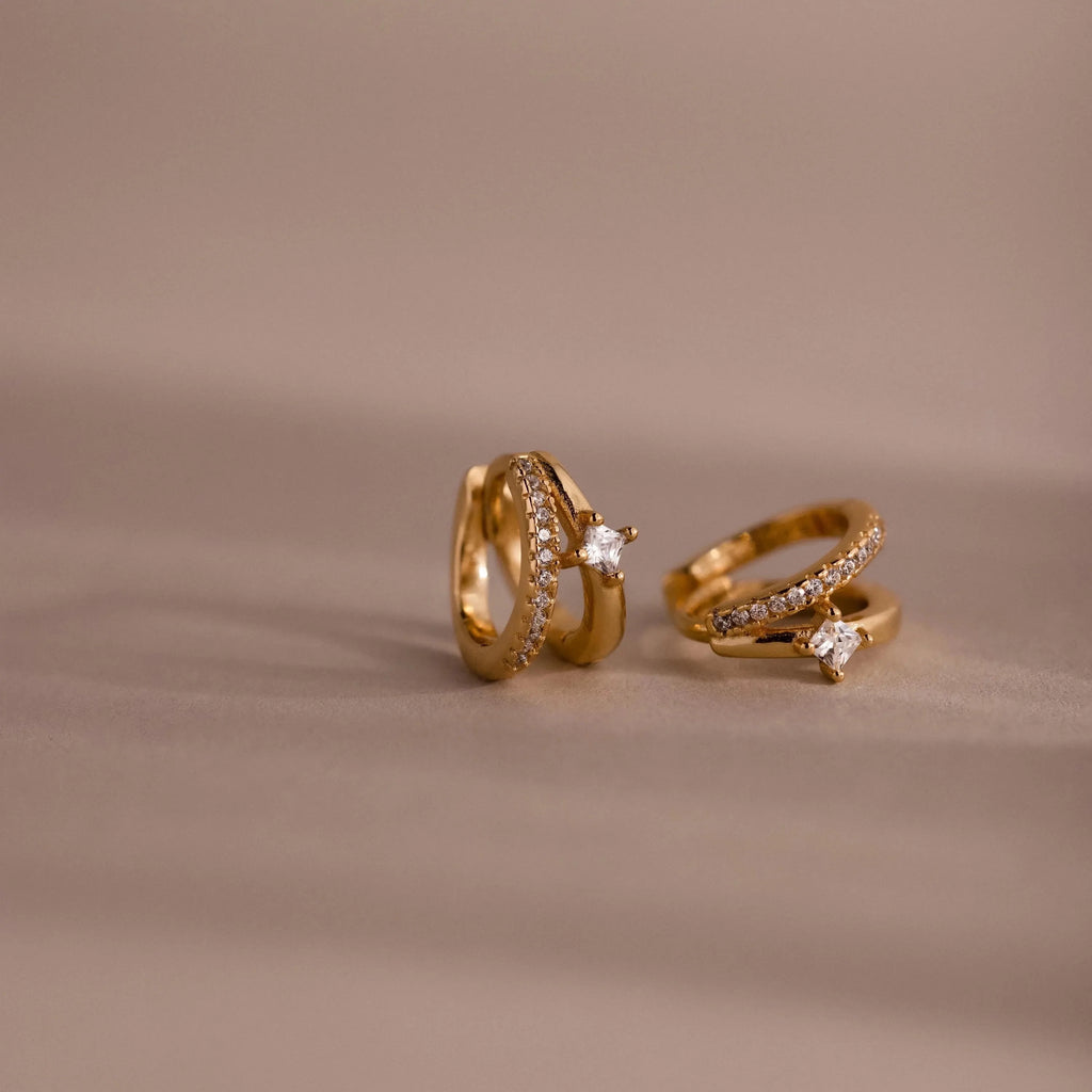 Pave Diamond Duo Huggies Silver 18K Gold Plated