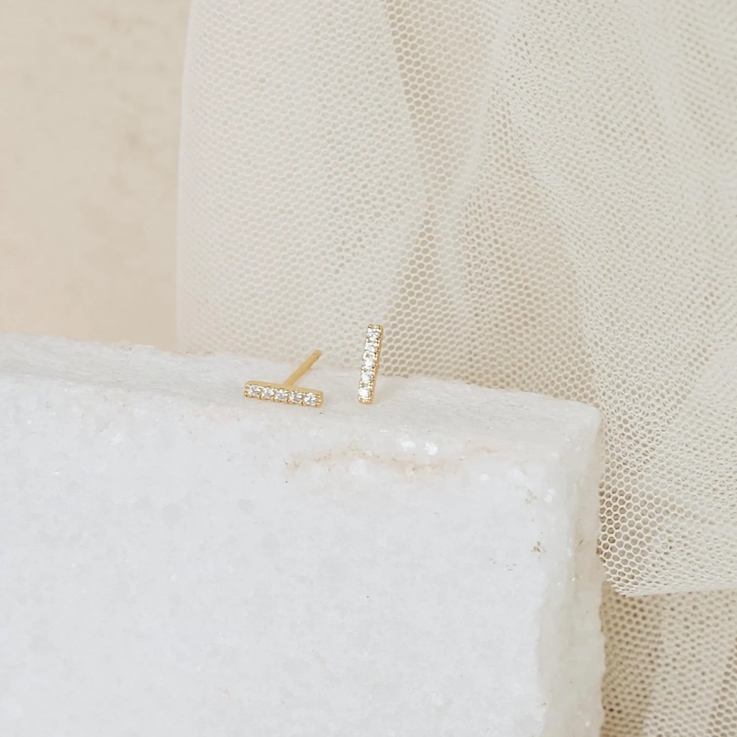 Diamond Pave Bar Studs Silver 18K Gold Plated