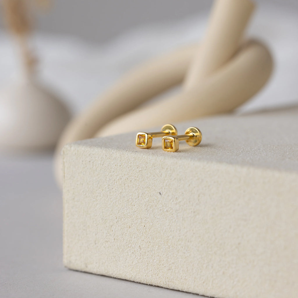 Square Bezel Topaz Flatback Studs Silver 18K Gold Plated