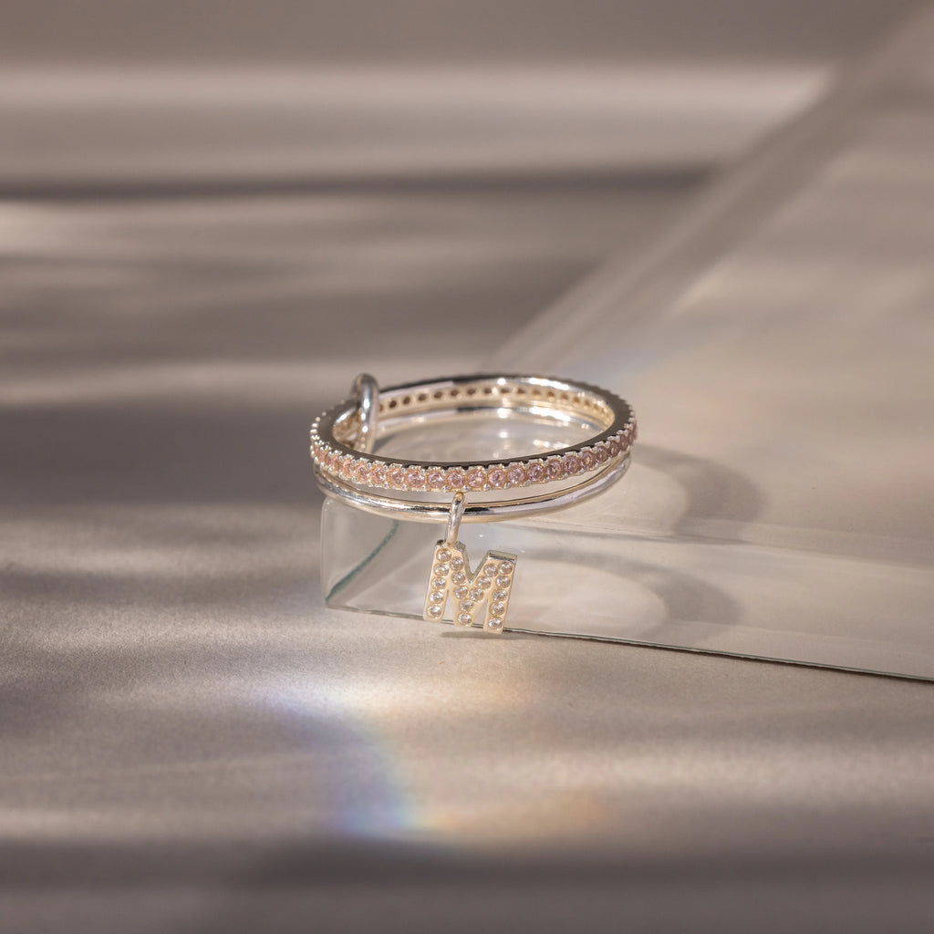 Linked Initial Pink Tourmaline Ring Set Silver 18K Gold Plated