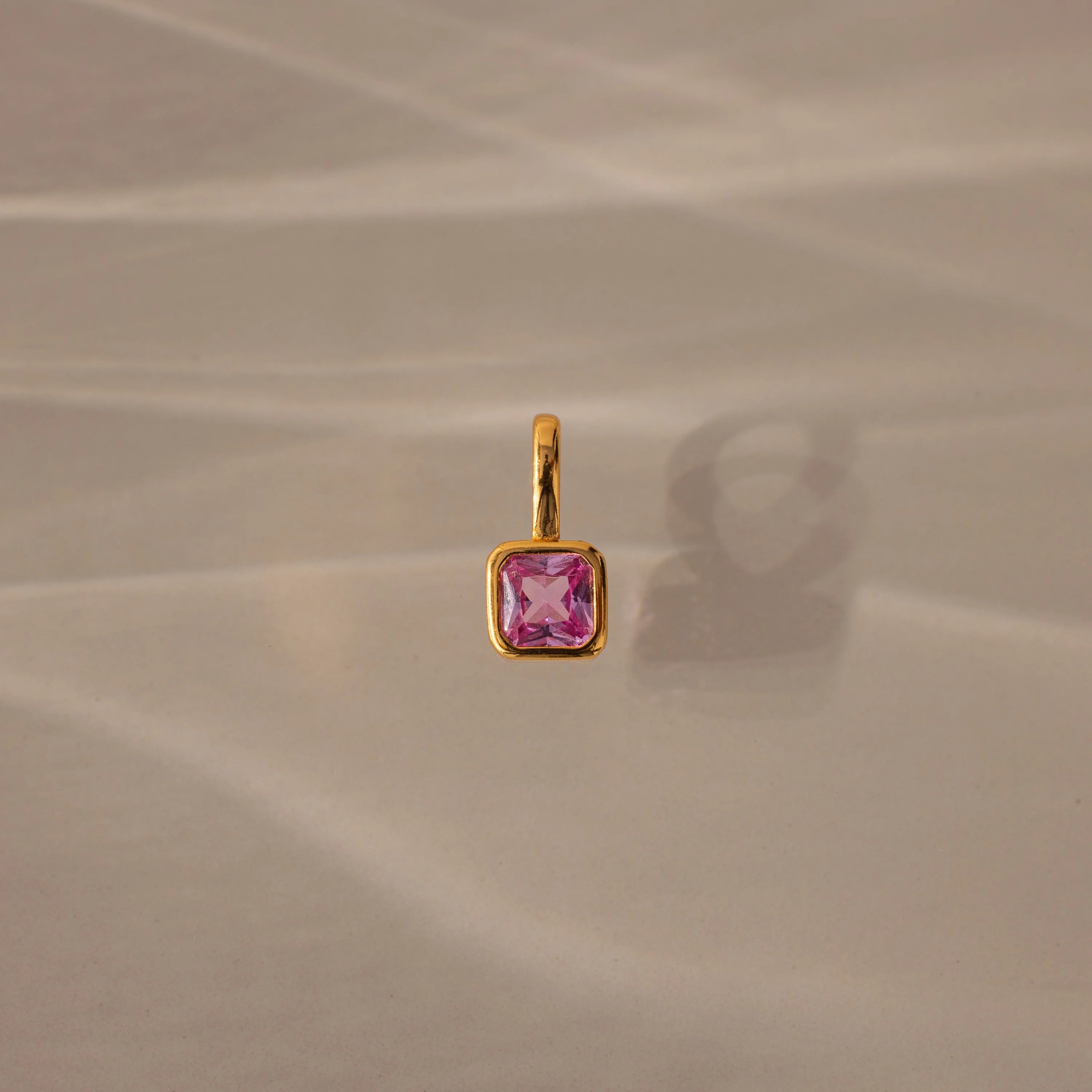 Square Bezel Pink Tourmaline Charm Silver 18K Gold Plated