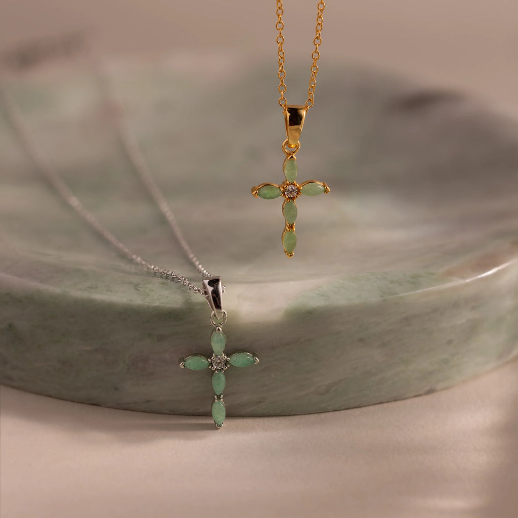 Diamond Marquise Jade Cross Necklace Silver 18K Gold Plated