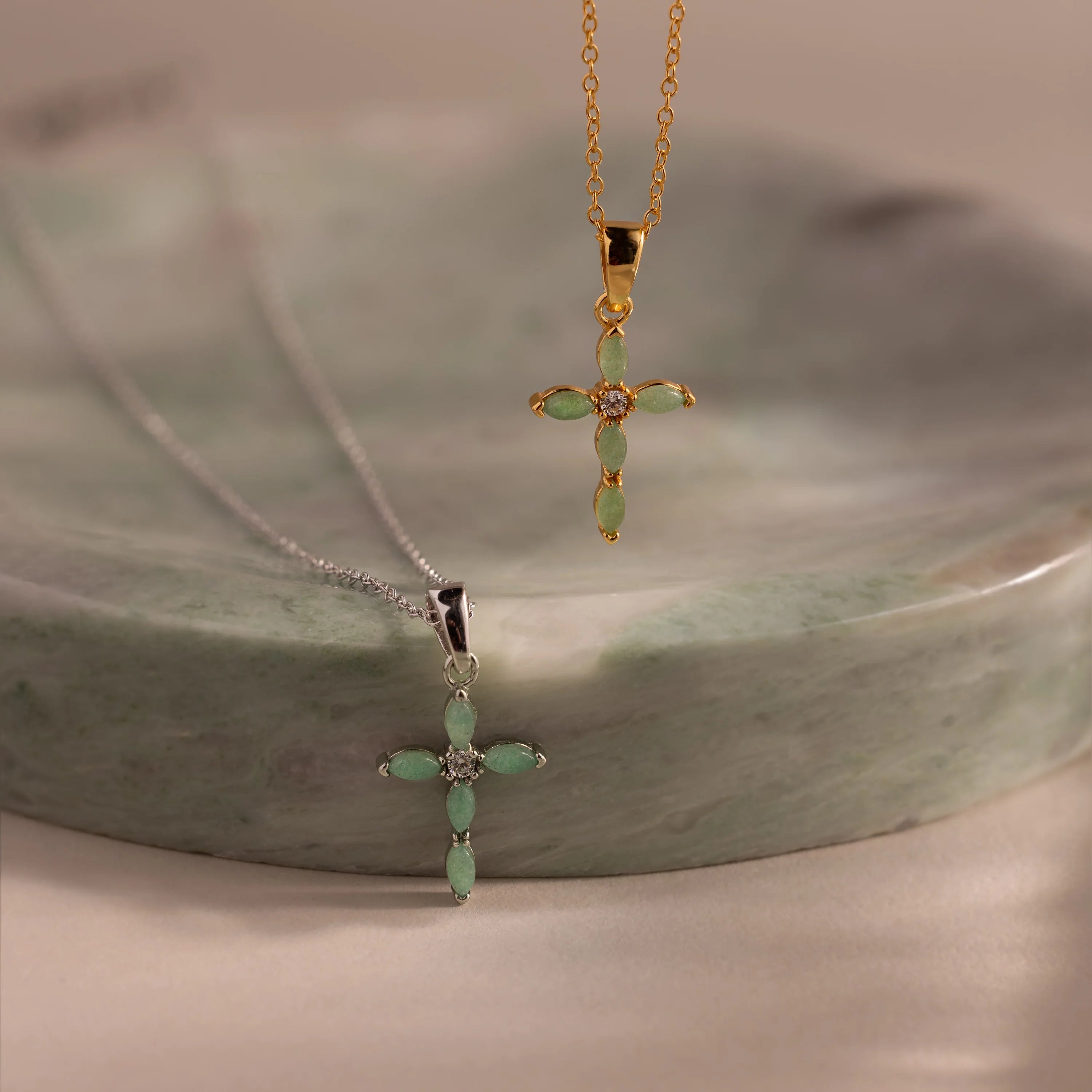 Diamond Marquise Jade Cross Necklace Silver 18K Gold Plated