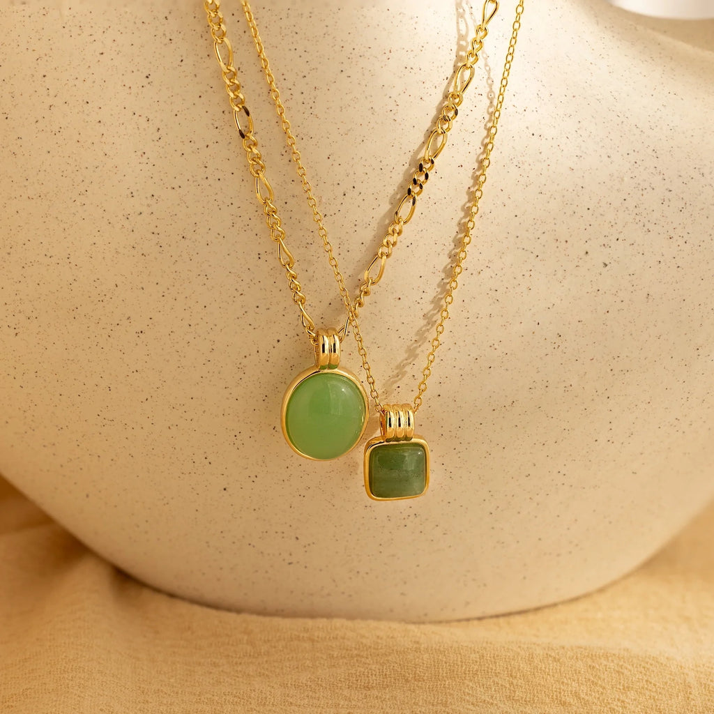 Jade Oval Pendant Necklace Silver 18K Gold Plated