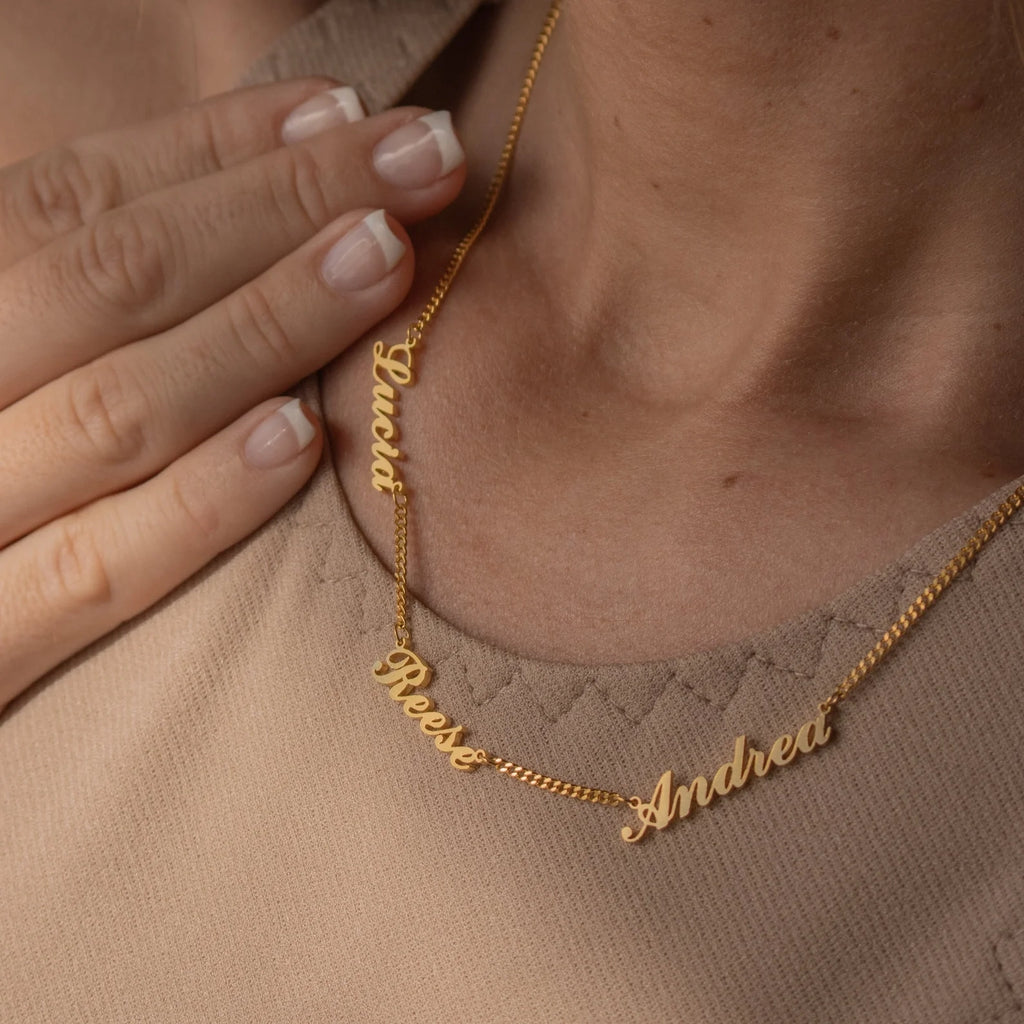 Carrie Multiple Name Curb Chain Necklace Silver 18K Gold Plated