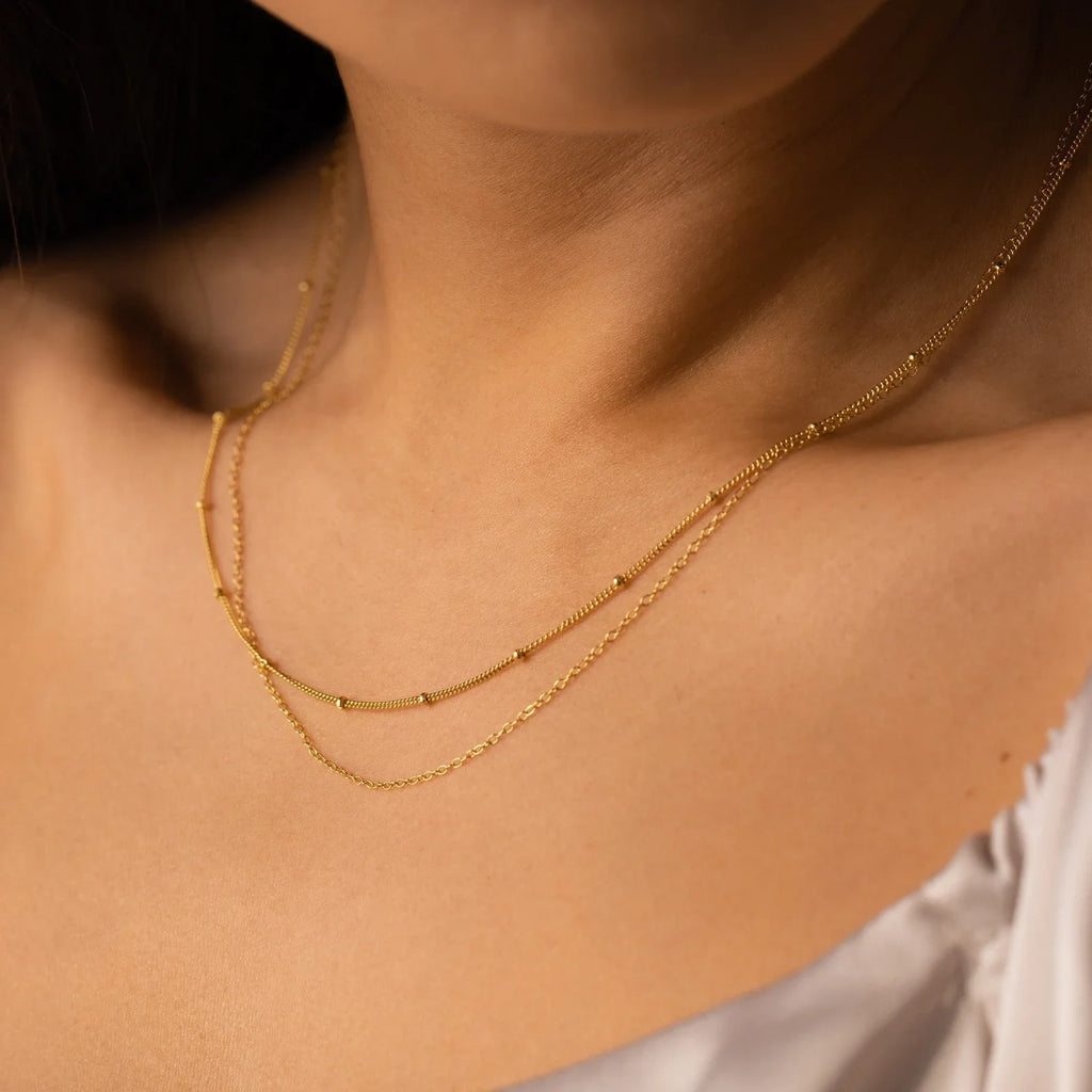 Beaded Duo Chain Necklace Silver 18K Gold Plated