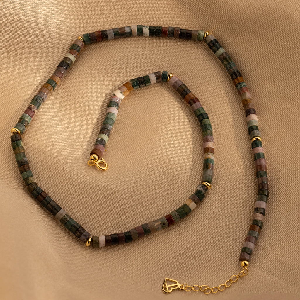 Moss Agate Beaded Necklace Silver 18K Gold Plated