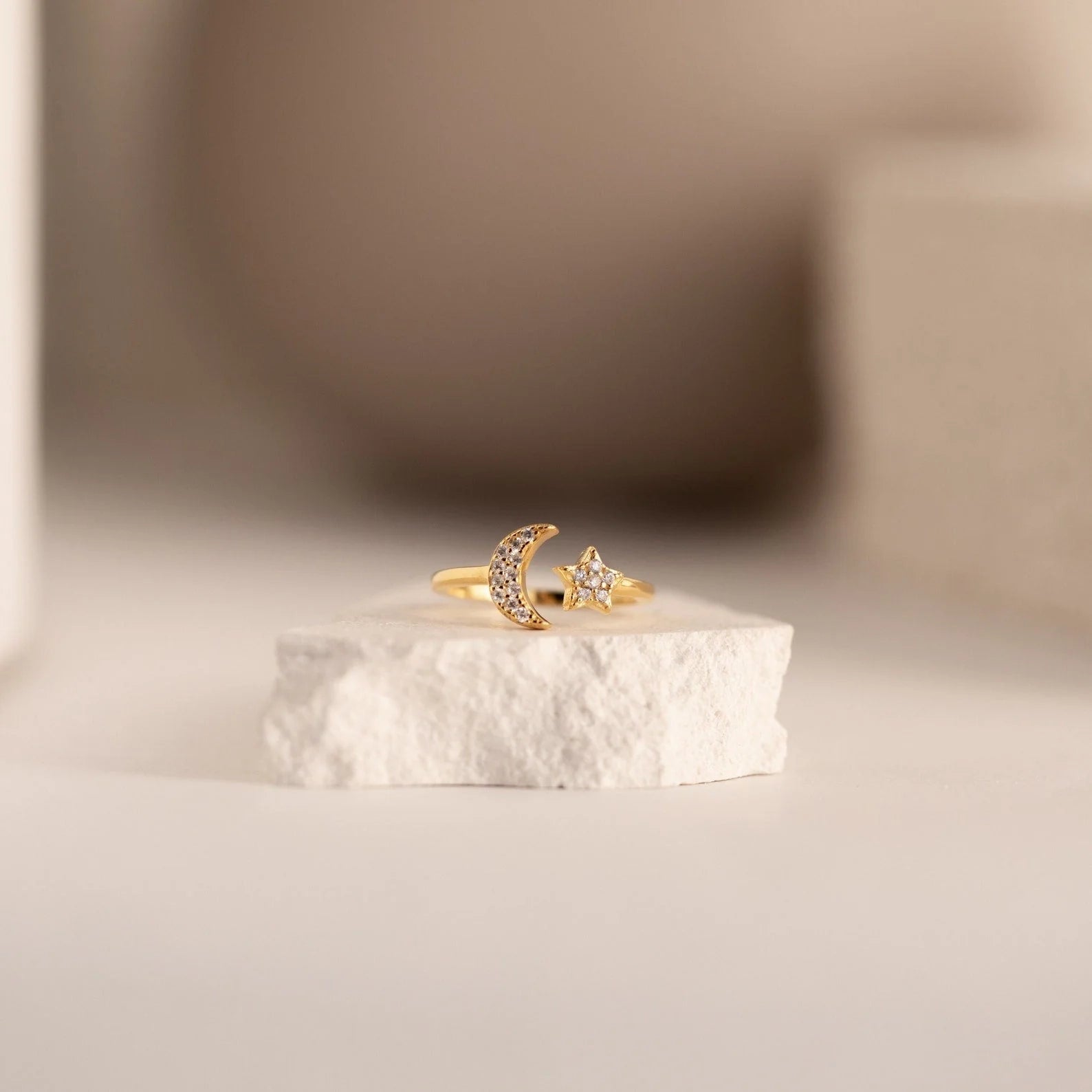 Pave Star and Moon Ring: Sterling Silver with 18K Gold Finish and Celestial Design