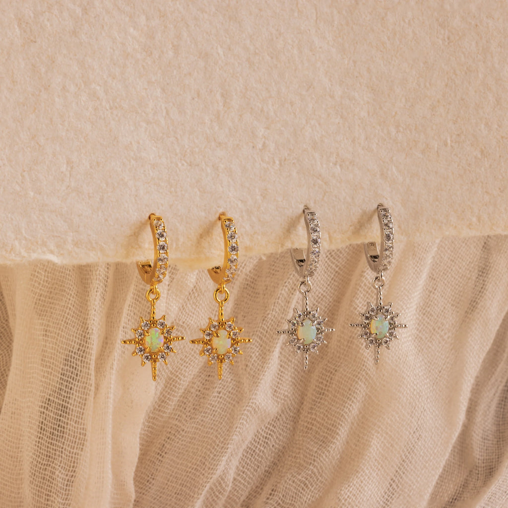 Pave Diamond Opal Star Huggies Silver 18K Gold Plated