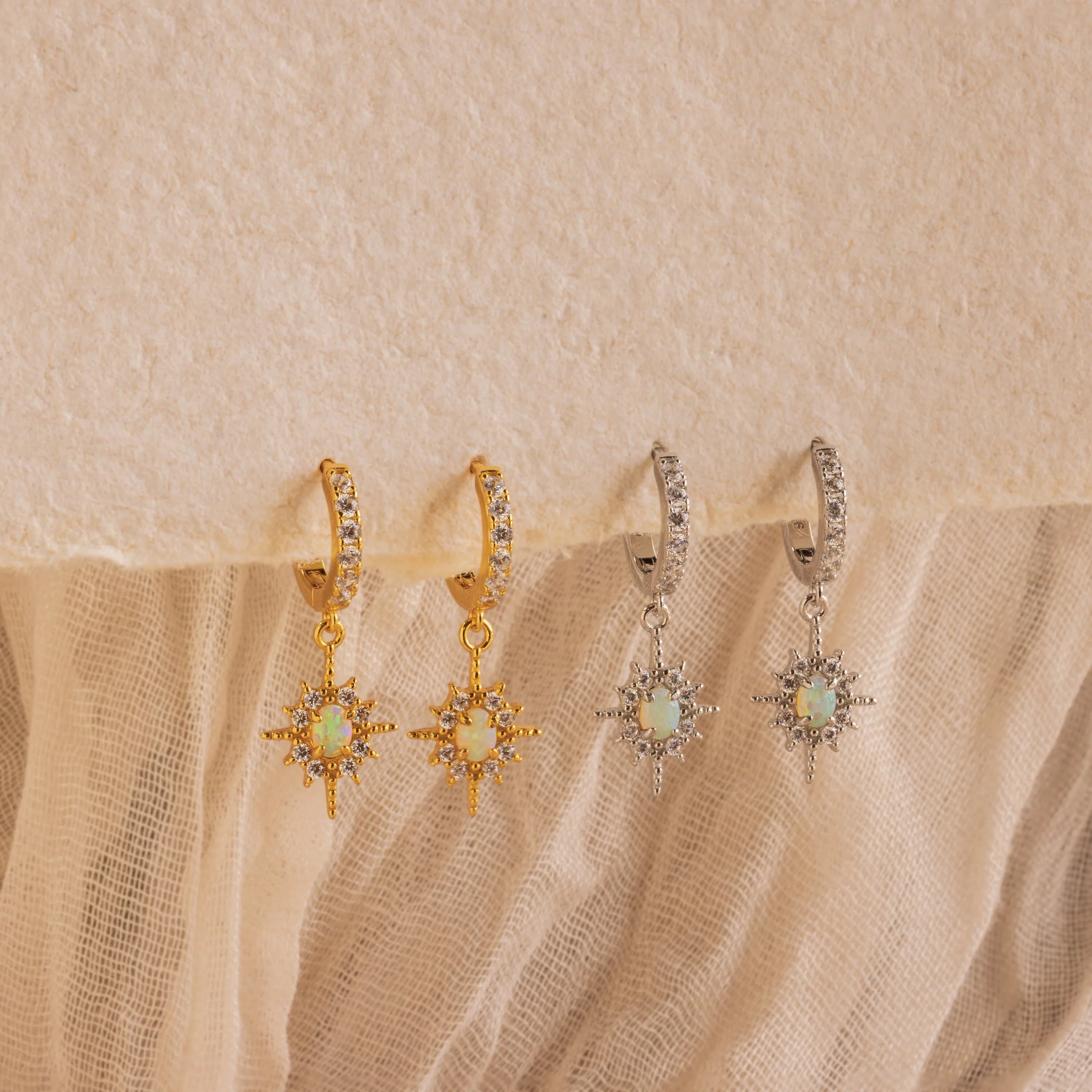 Pave Diamond Opal Star Huggies Silver 18K Gold Plated