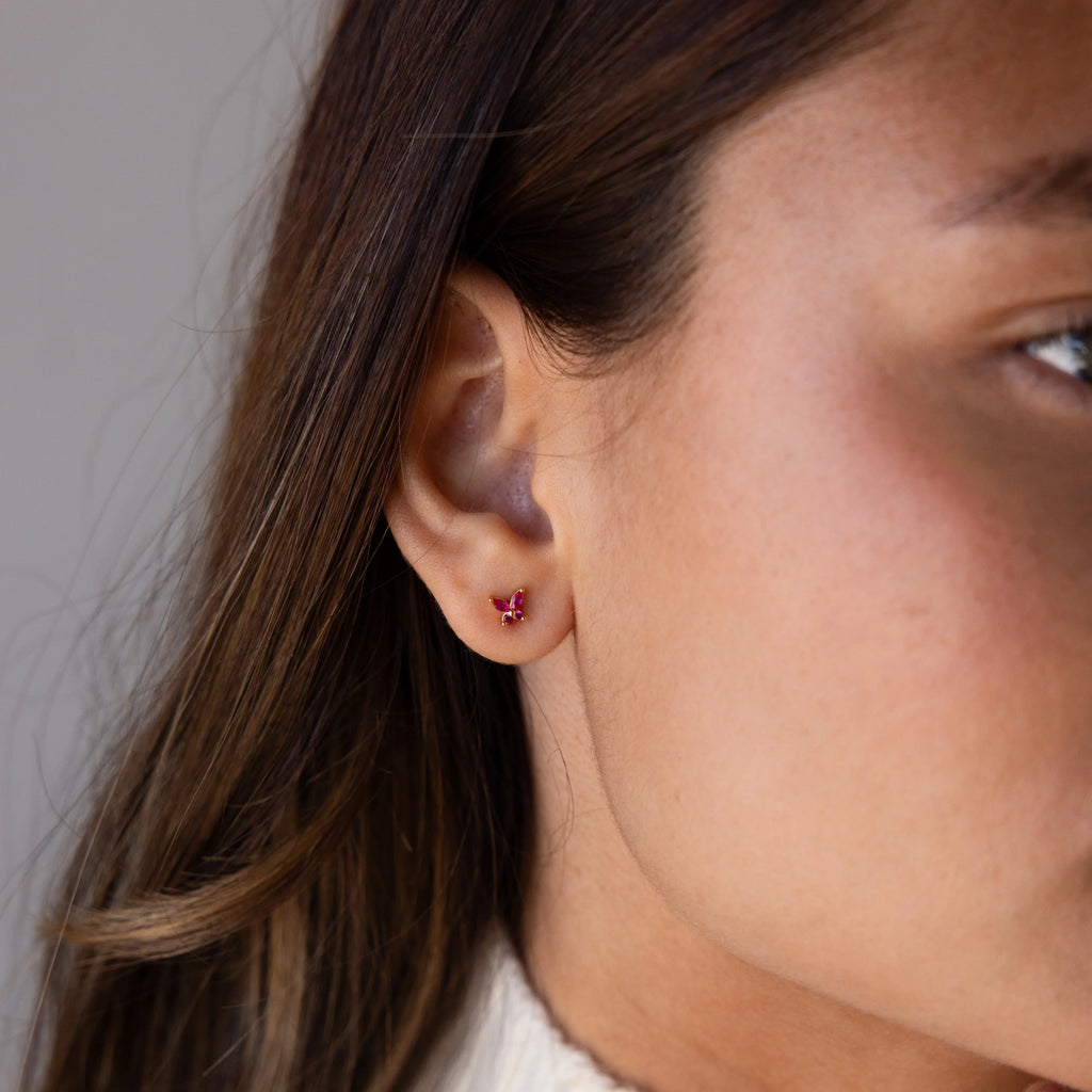 Ruby Butterfly Flatback Studs Silver 18K Gold Plated