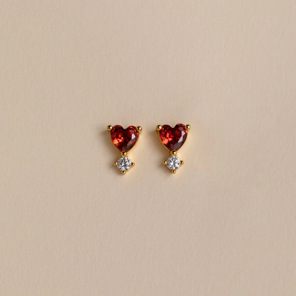 Diamond Garnet Heart Studs Silver 18K Gold Plated