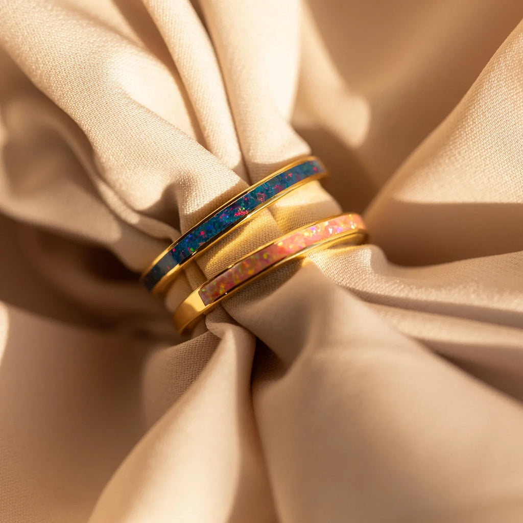 Opal Inlay Rings Set Silver 18K Gold Plated