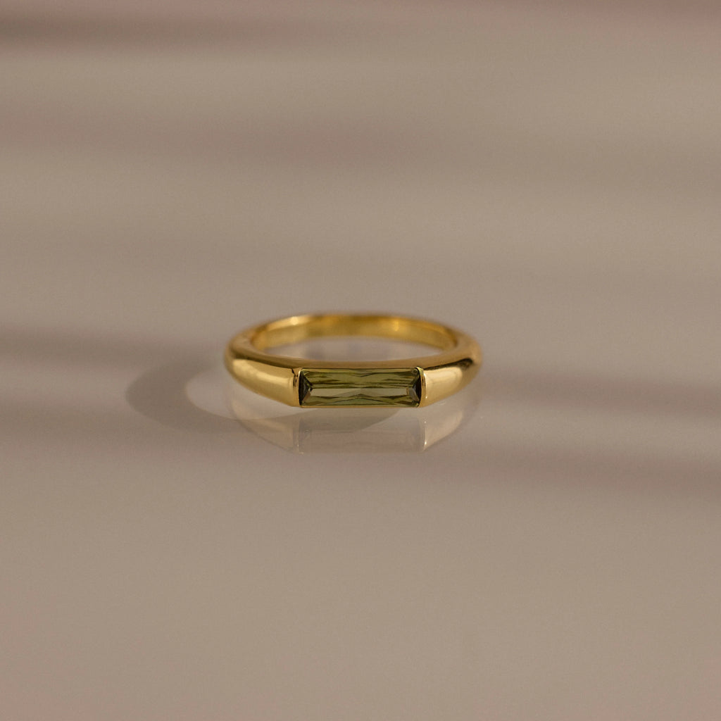 Peridot Baguette Signet Ring Silver 18K Gold Plated