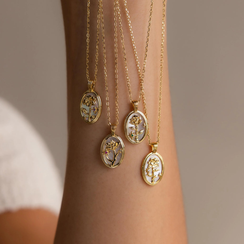 Pearl Flower Birthstone Necklace Silver 18K Gold Plated