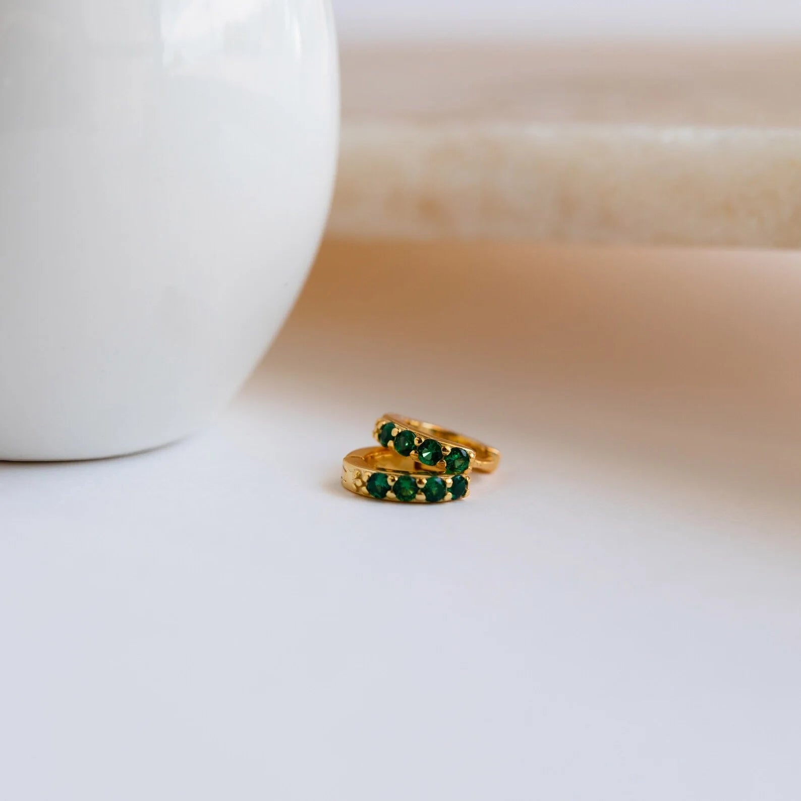 Pave Emerald Huggies Silver 18K Gold Plated