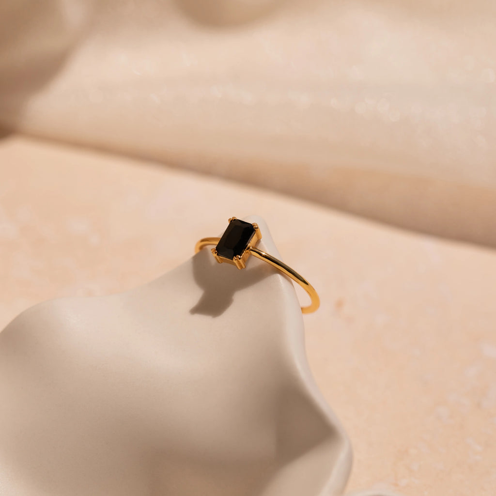 Black Onyx Emerald Ring Silver 18K Gold Plated