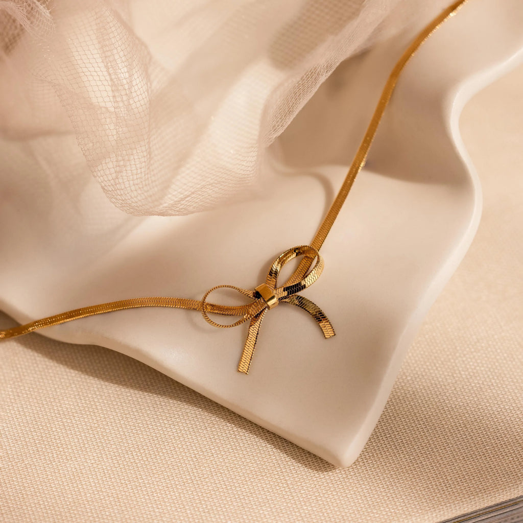 Herringbone Bow Necklace Silver 18K Gold Plated