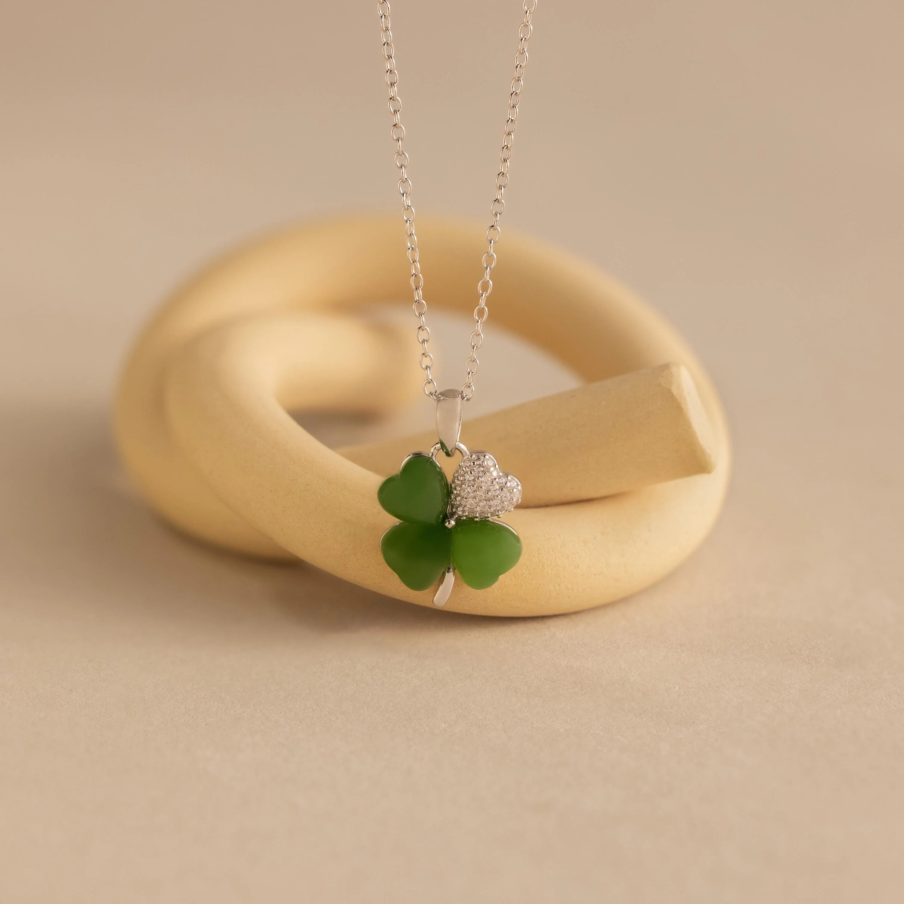 Pave Jade Clover Necklace Silver 18K Gold Plated