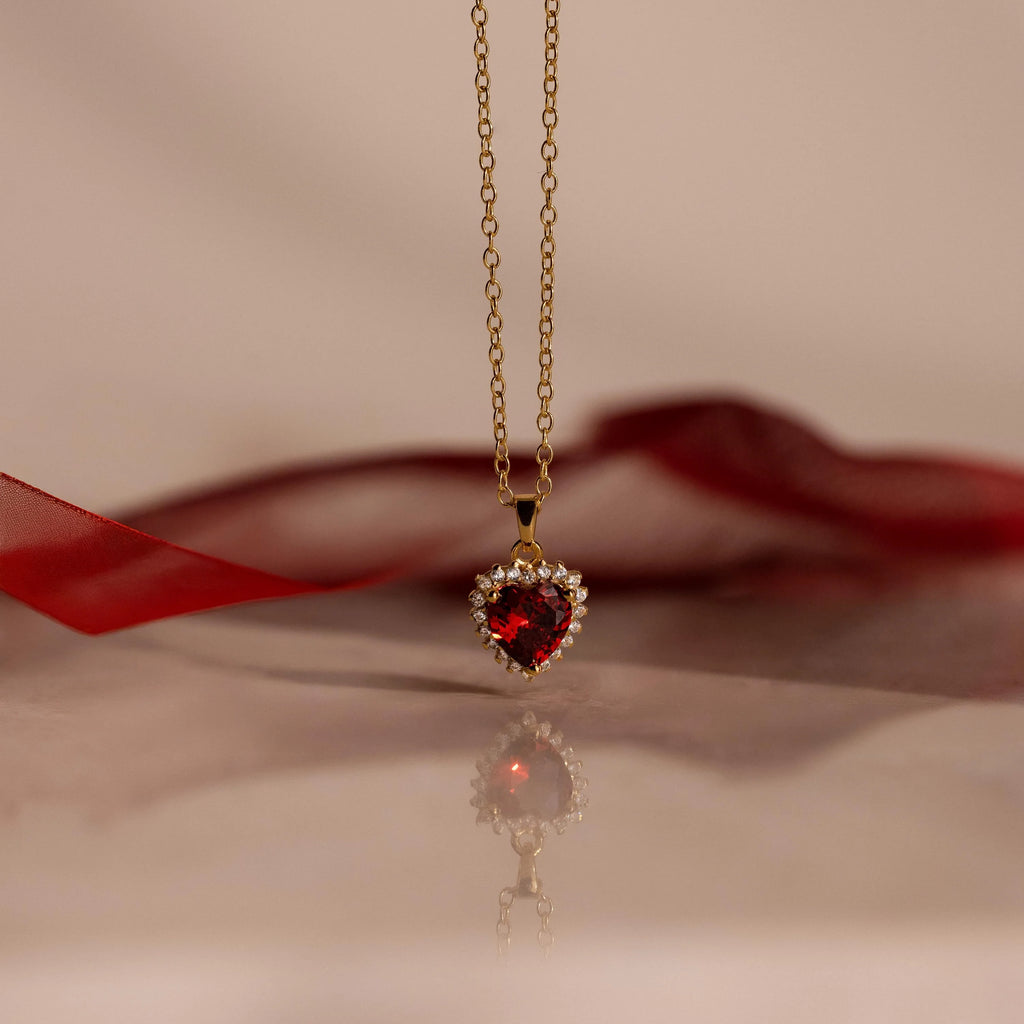 Pave Garnet Heart Necklace Silver 18K Gold Plated