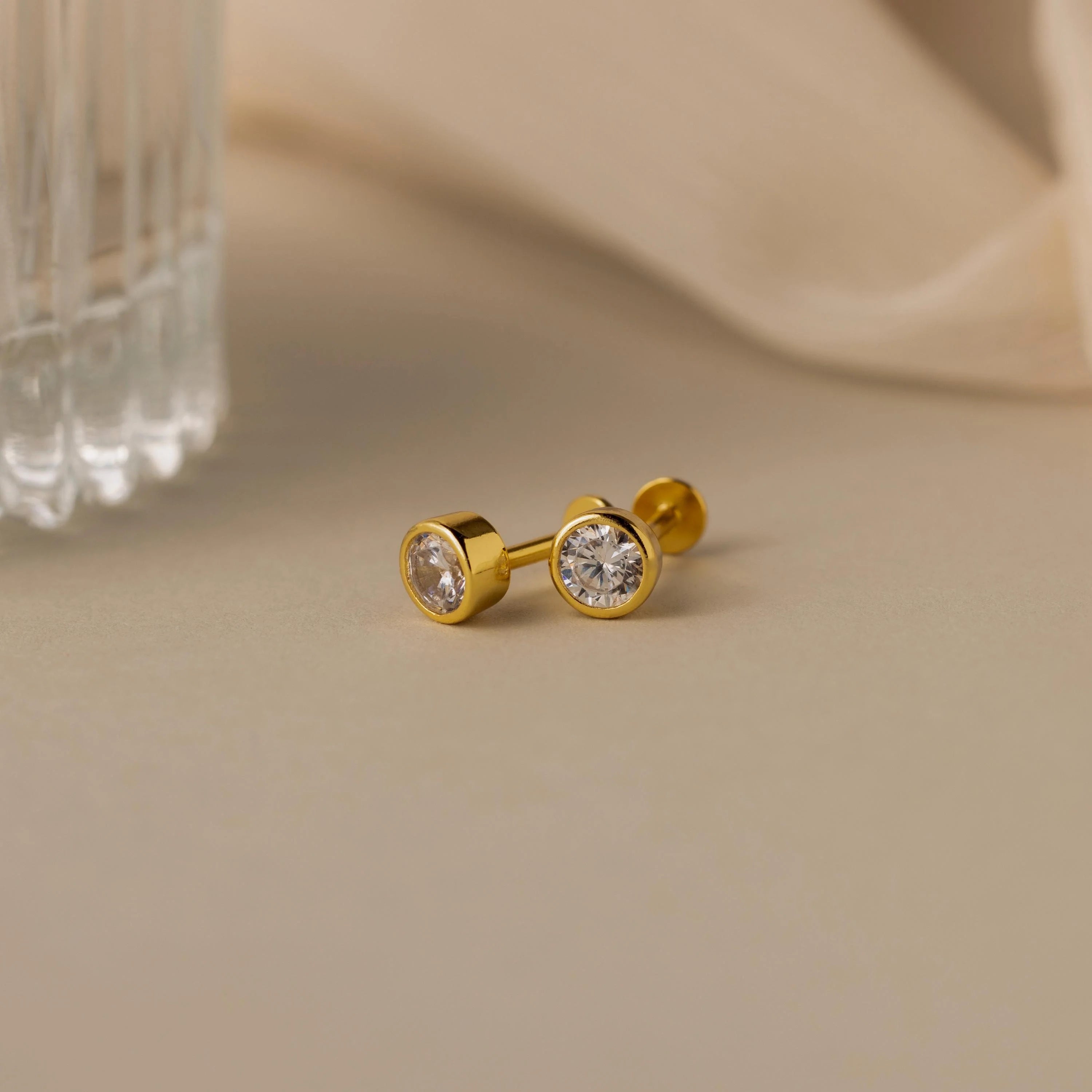 Diamond Bezel Flatback Studs Silver 18K Gold Plated