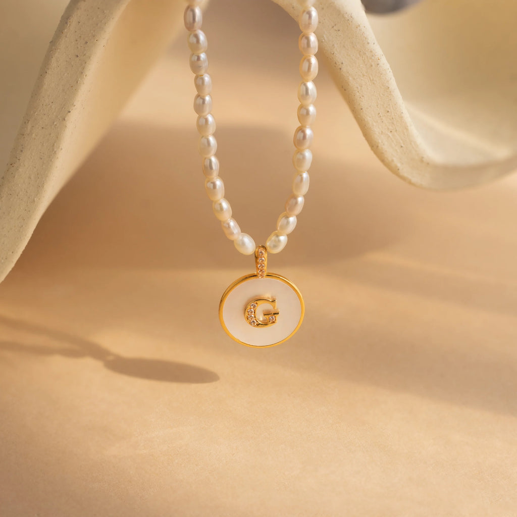 Pearl Initial Disc Necklace  Silver 18K Gold Plated