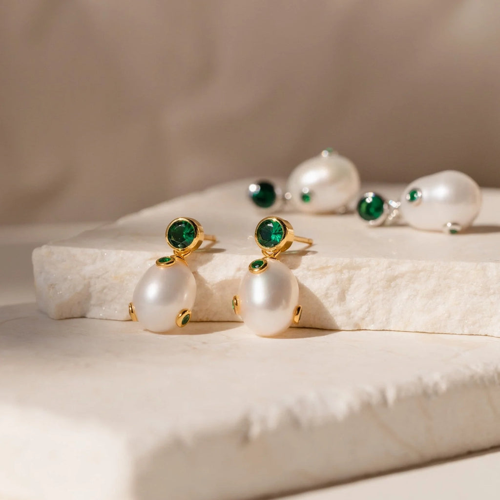 Emerald Pearl Drop Earrings