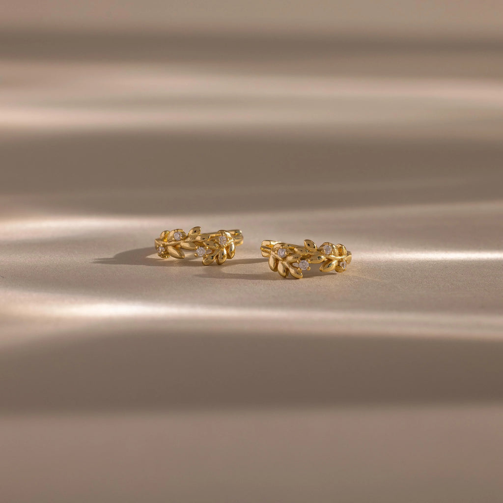 Diamond Leaf Hoops Silver 18K Gold Plated