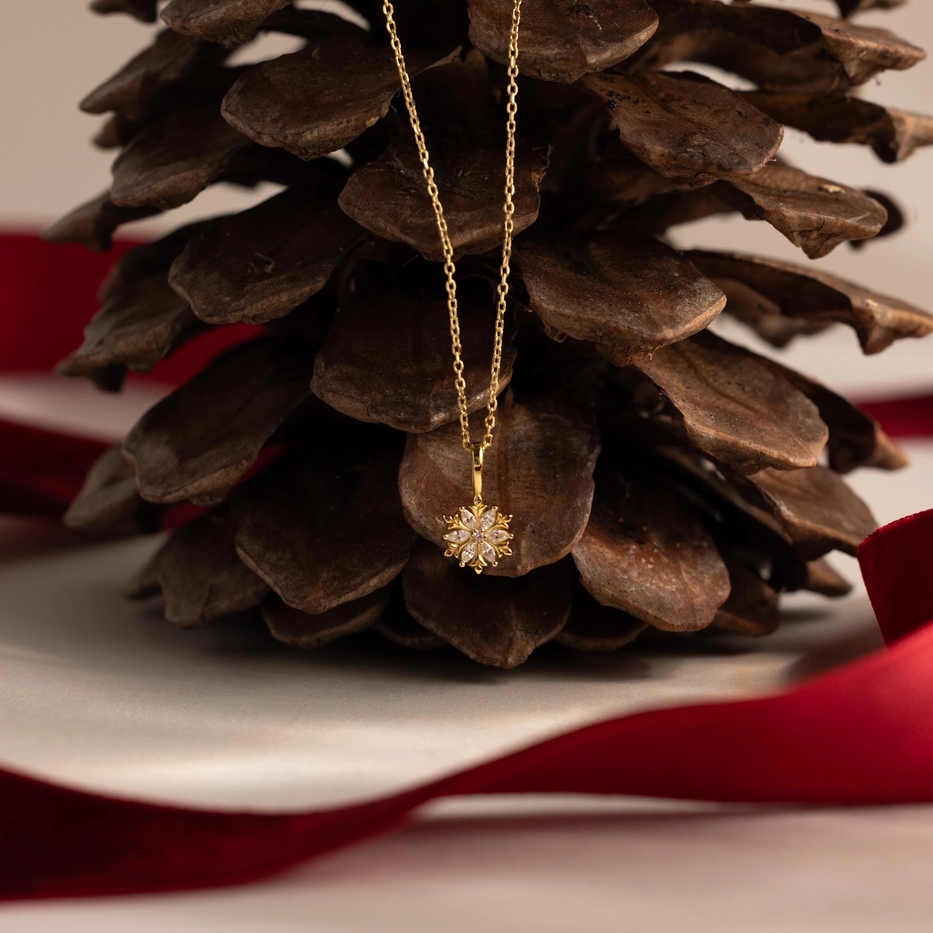 Diamond Poinsettia Charm Necklace Silver 18K Gold Plated
