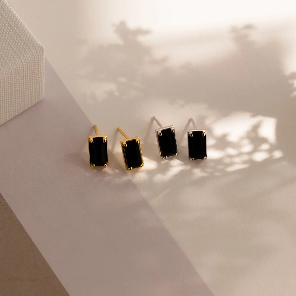 Rectangle Black Onyx Studs Silver 18K Gold Plated