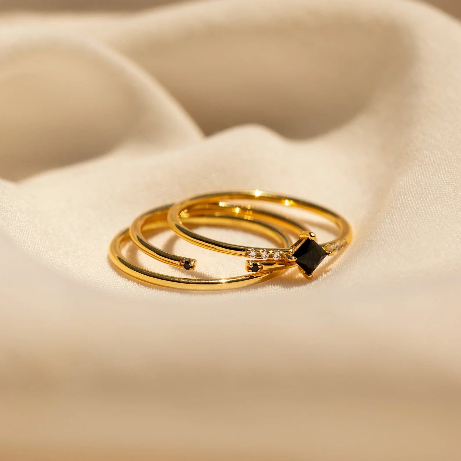 Diamond Onyx Ring Set Silver 18K Gold Plated