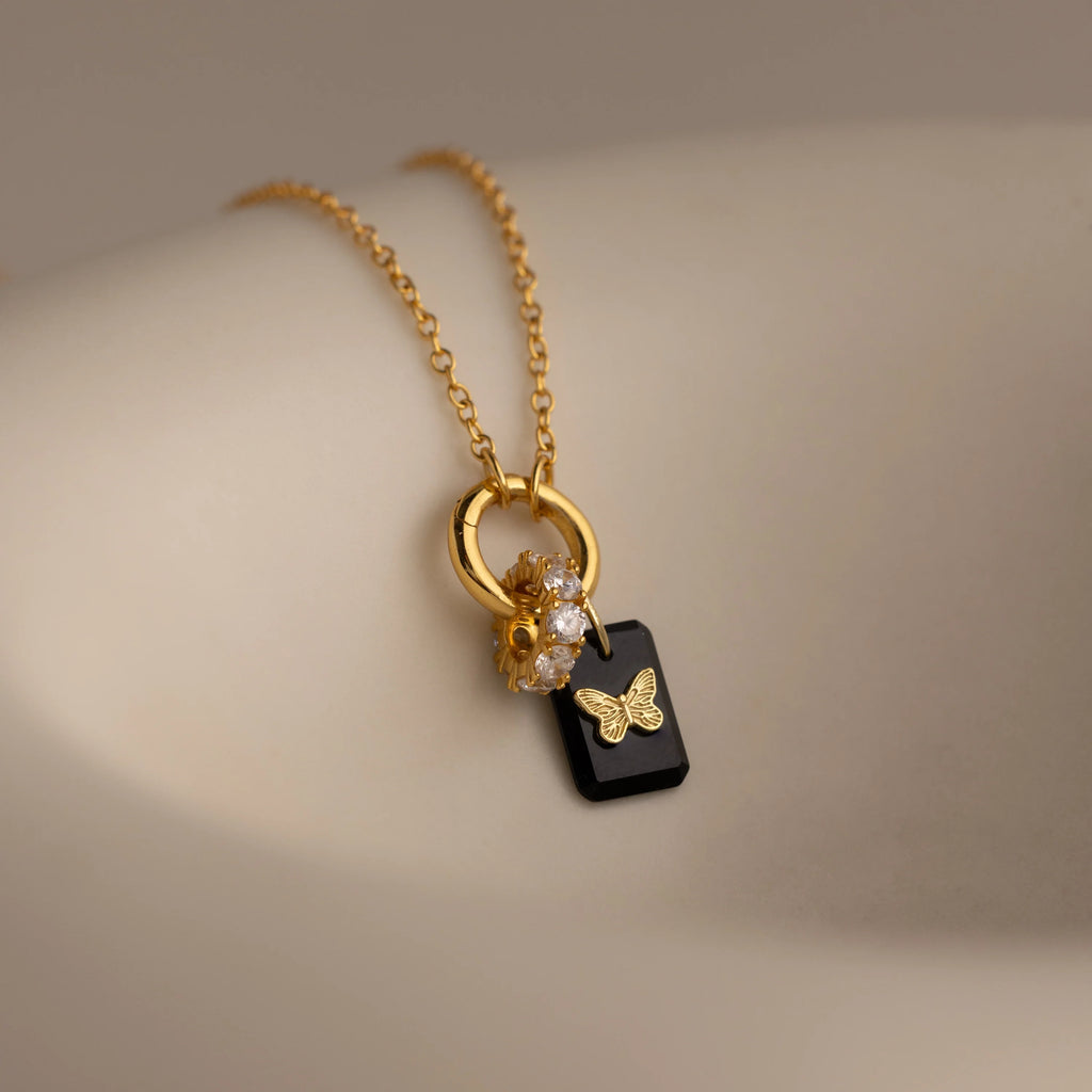 Onyx Butterfly Charm Silver 18K Gold Plated