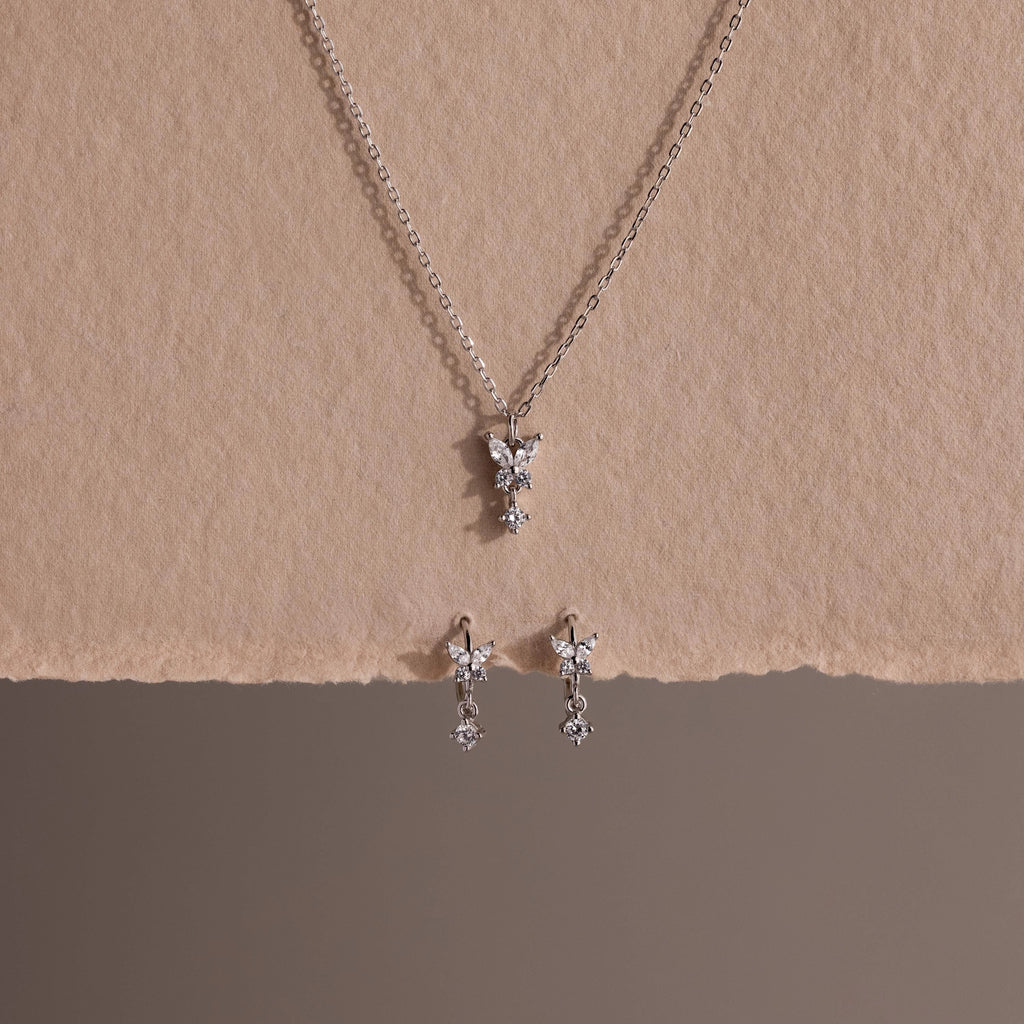 Diamond Butterfly Necklace & Earrings Set Silver 18K Gold Plated