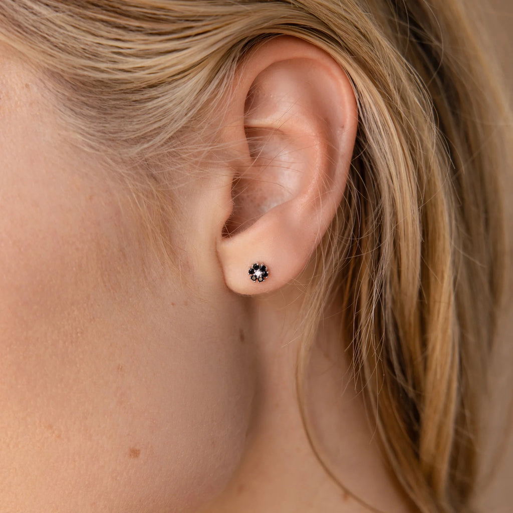 Onyx Flower FlatBack Studs Silver 18K Gold Plated